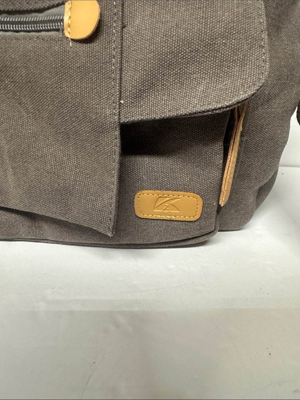 Canvas Messenger Satchel Bag in Gray with Tan Accents - Picture 2 of 8